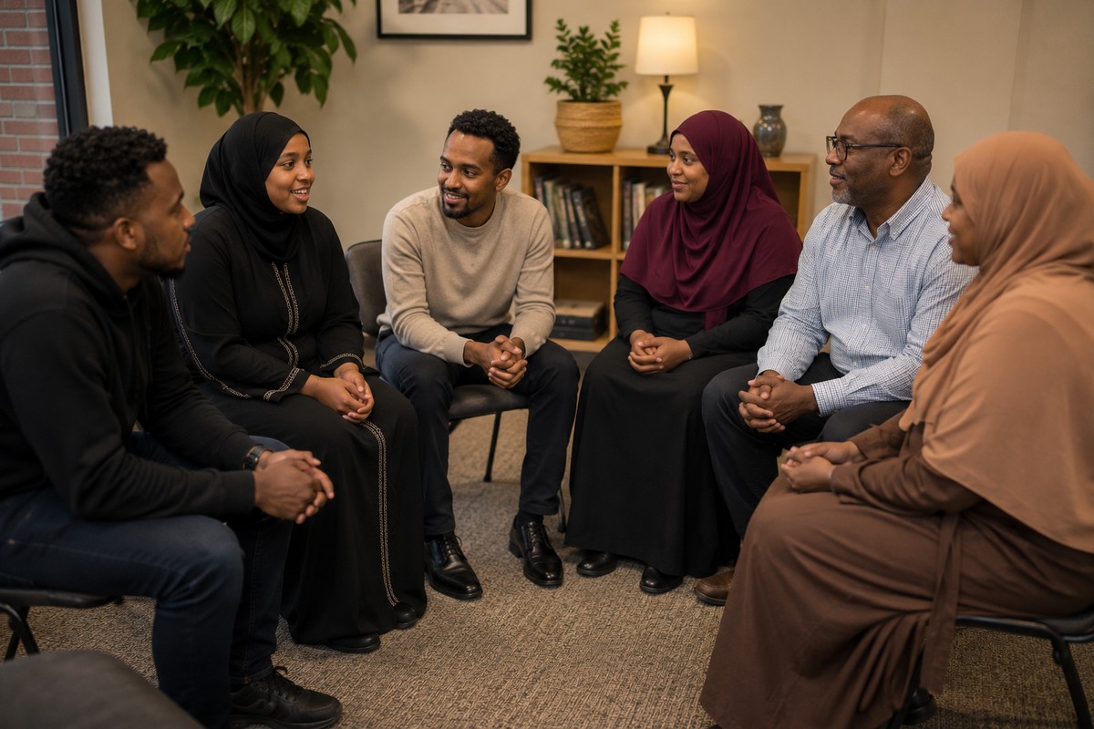 Diverse GDS community members in a group counselling support circle