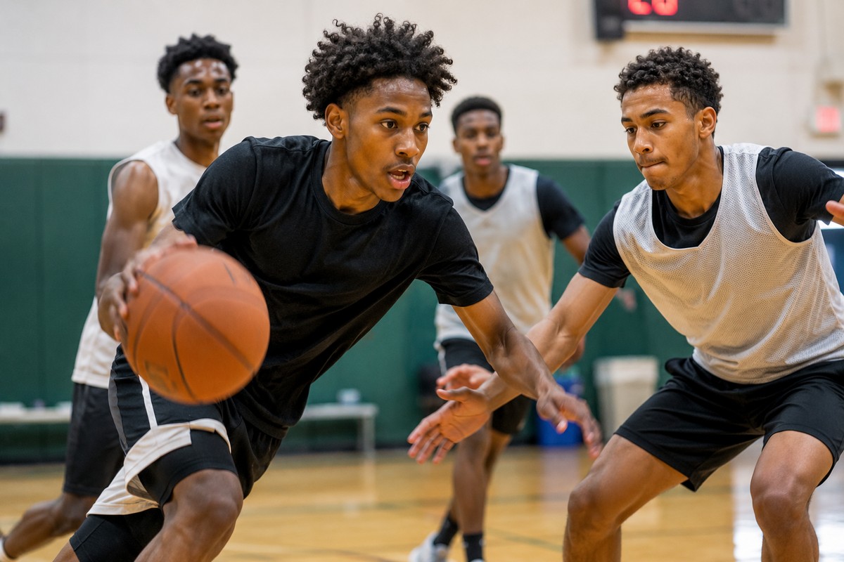 Youth in an intense basketball game at GDS drop-in