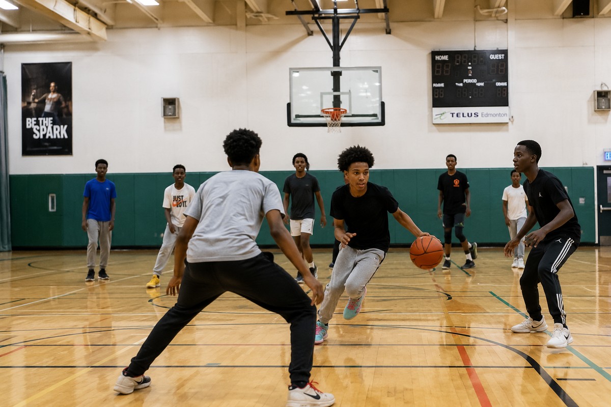 Youth playing basketball at the GDS drop-in centre