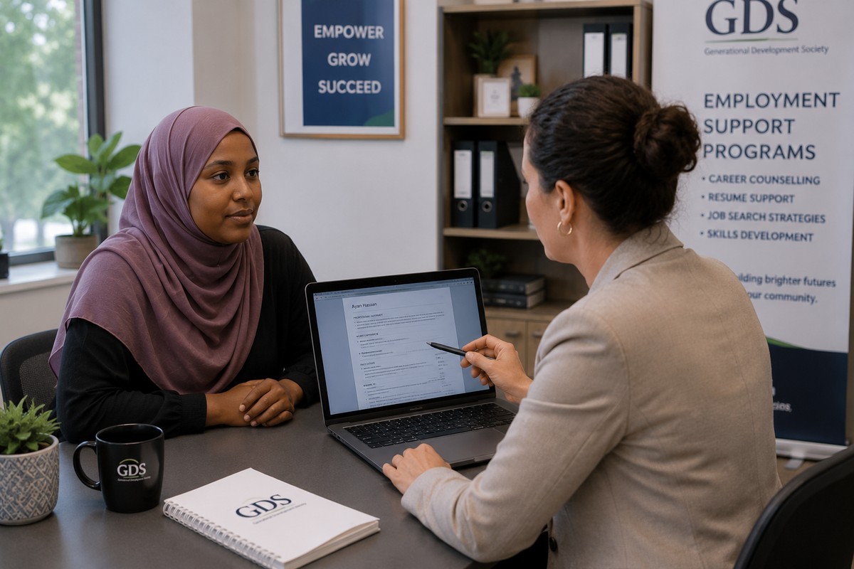 GDS employment coach helping a Somali woman with career planning and resume