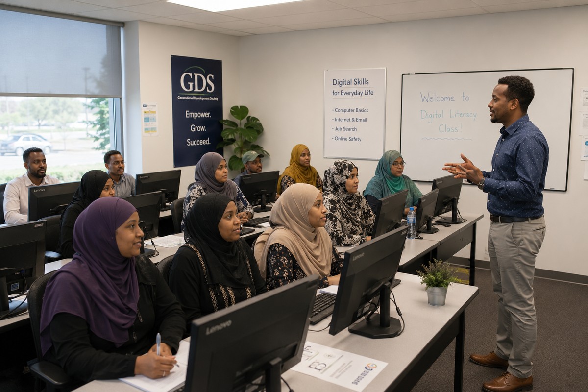 Somali and East African newcomers in a GDS digital literacy classroom session