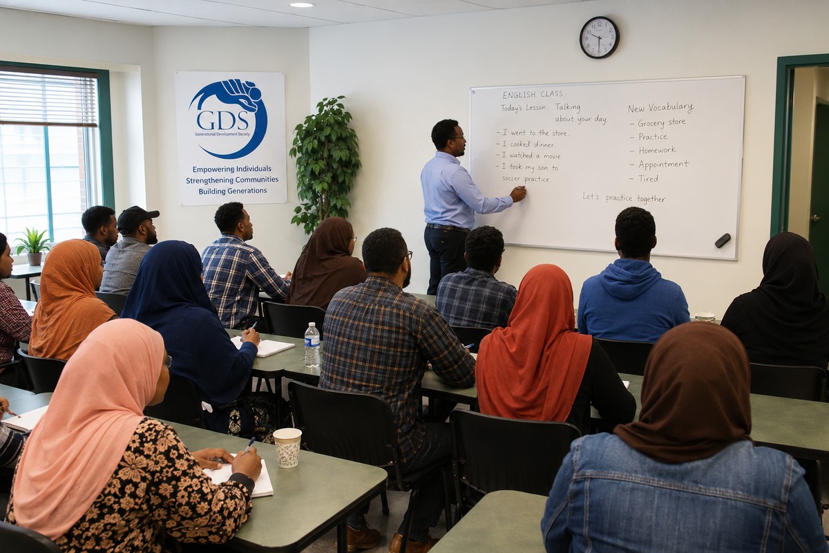 Somali newcomers in an in-person English language class at GDS