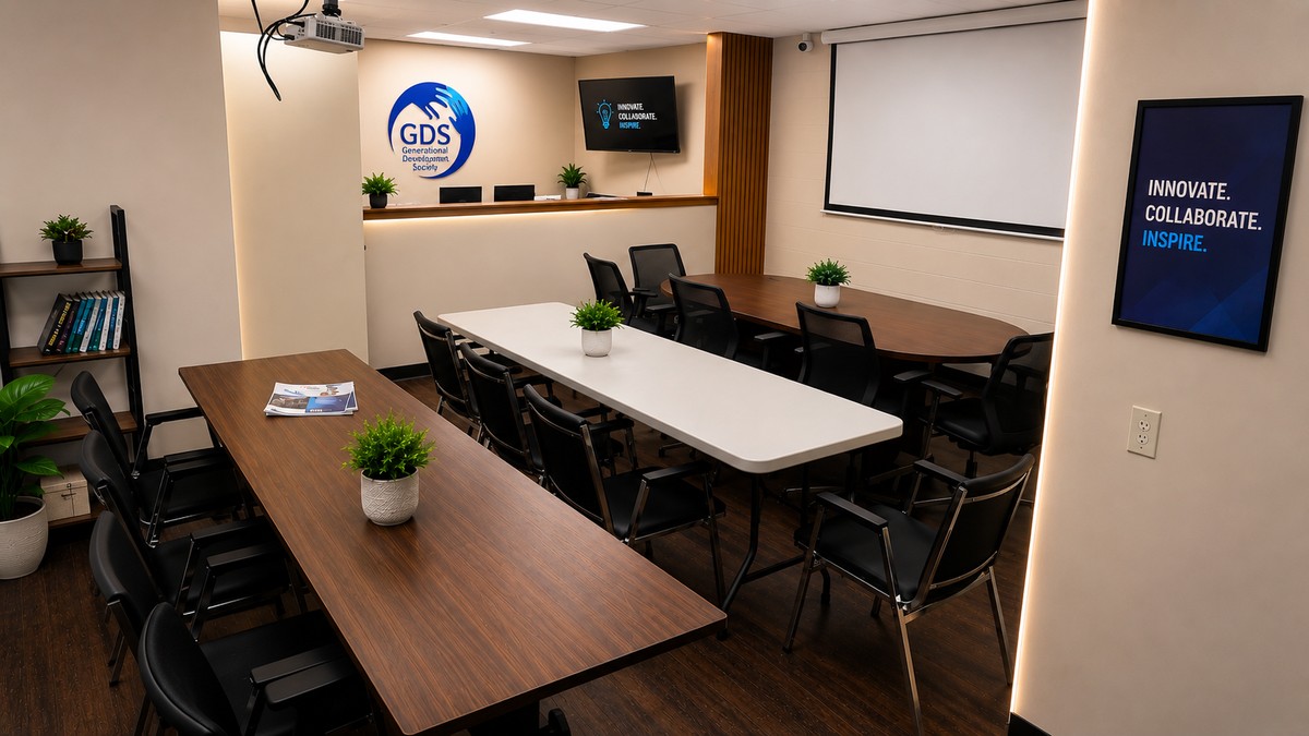 GDS Innovation Hub main training room with Innovate Collaborate Inspire display