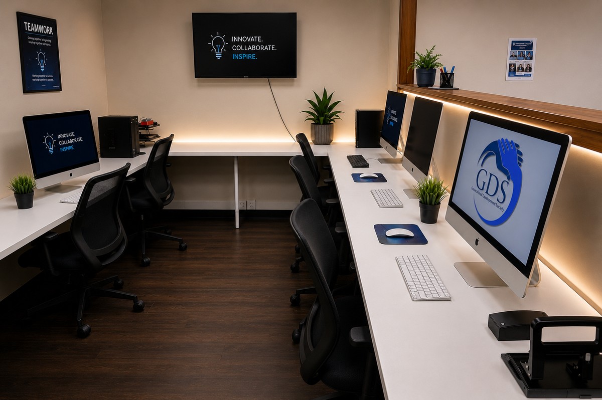 GDS Innovation Hub computer lab with iMac workstations