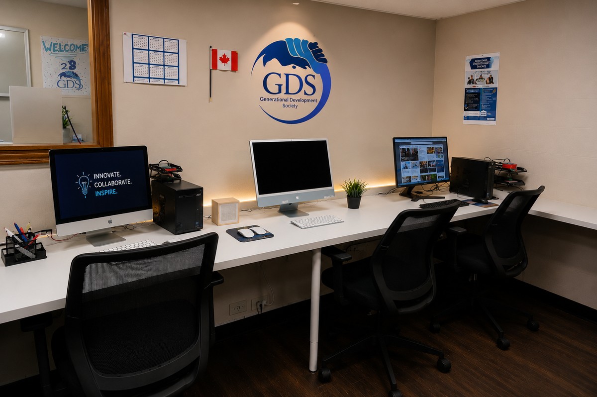 GDS Resource Centre with computers, Canadian flag and GDS logo