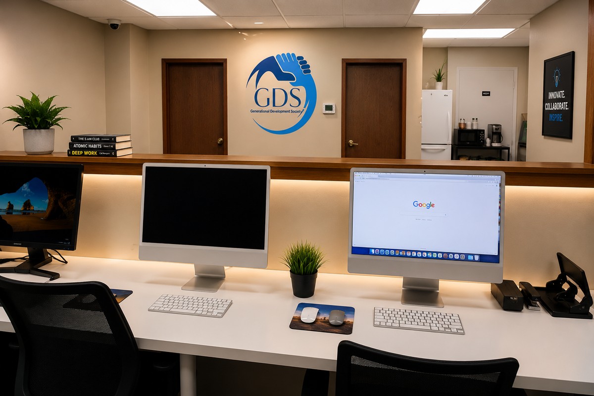 GDS Innovation Hub front desk area with iMac computers and books