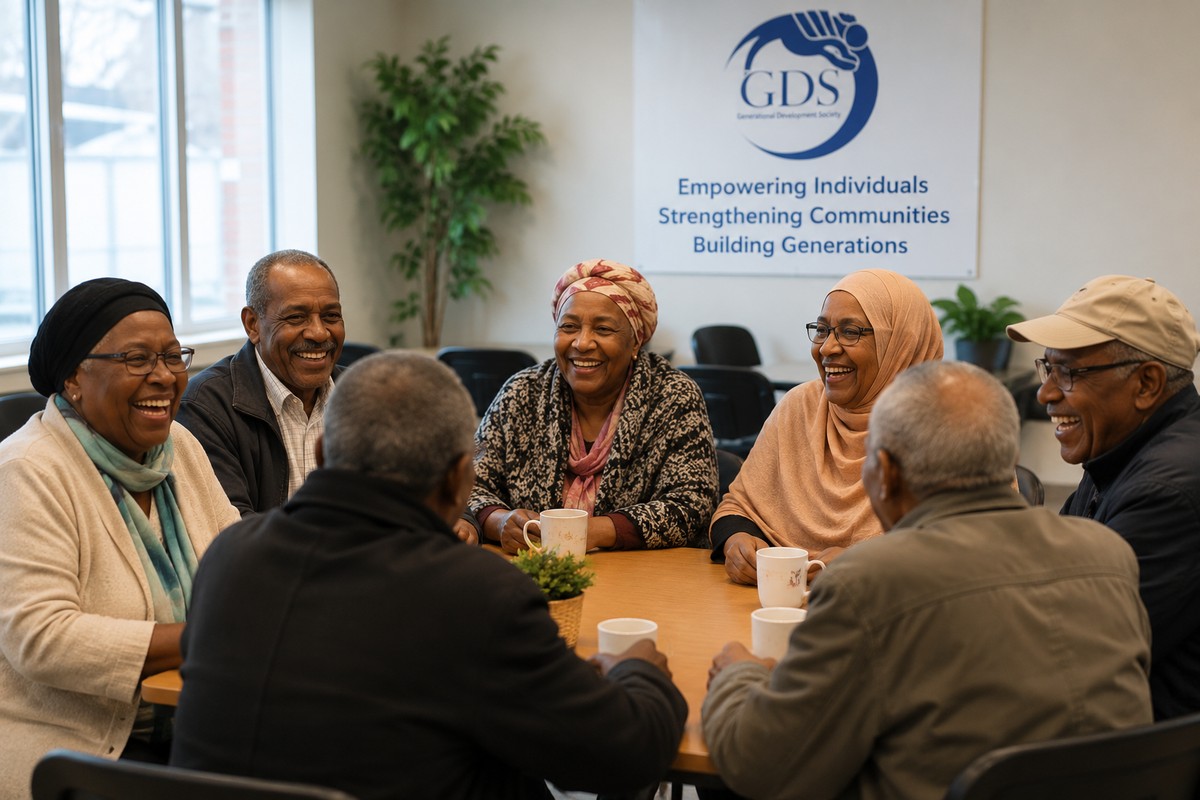 East African seniors socializing and laughing together at a GDS community event
